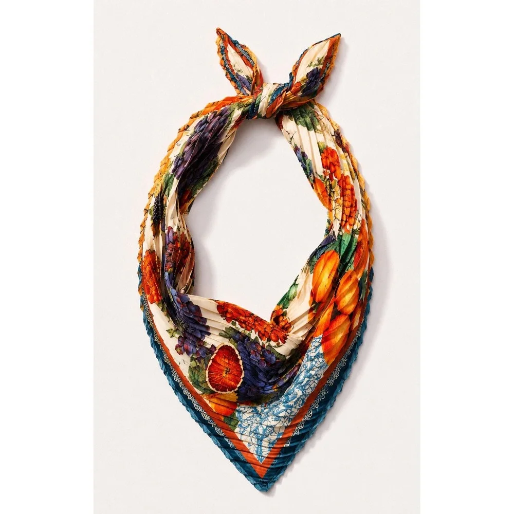 Anthropologie Fruit Print Plissé Pleated Diamond Fruit Scarf Orange Grape Sample